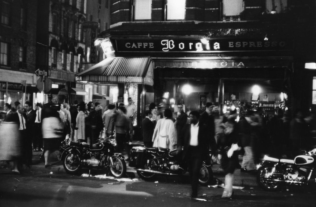 Outside the Caffe Borgia at MacDougal and Bleecker streets in 1966